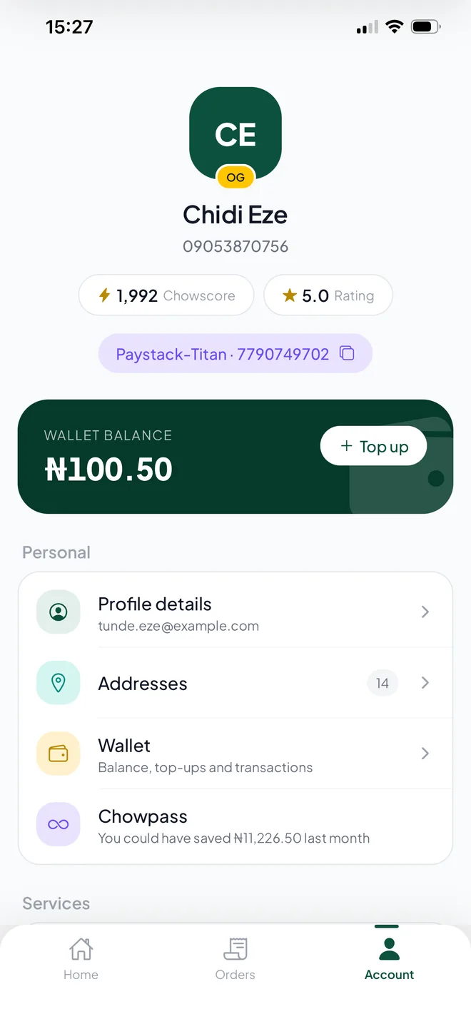 FastChow account screen