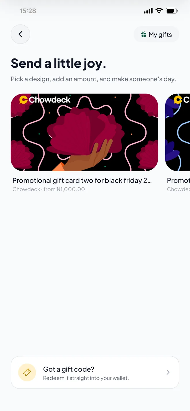 FastChow gift cards screen