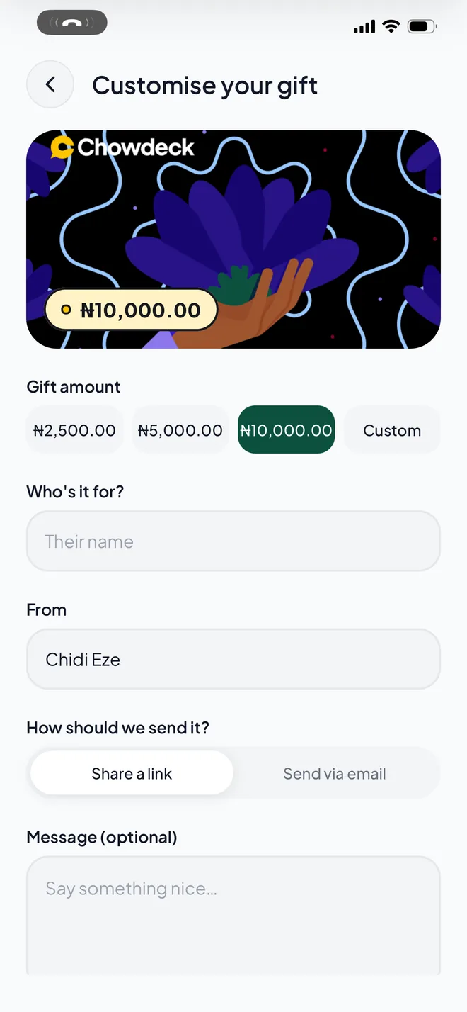 Setting the amount and message on a gift card
