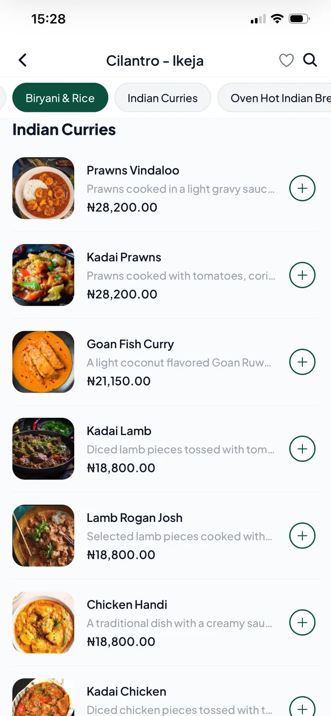 A restaurant menu with category tabs and a favourite control
