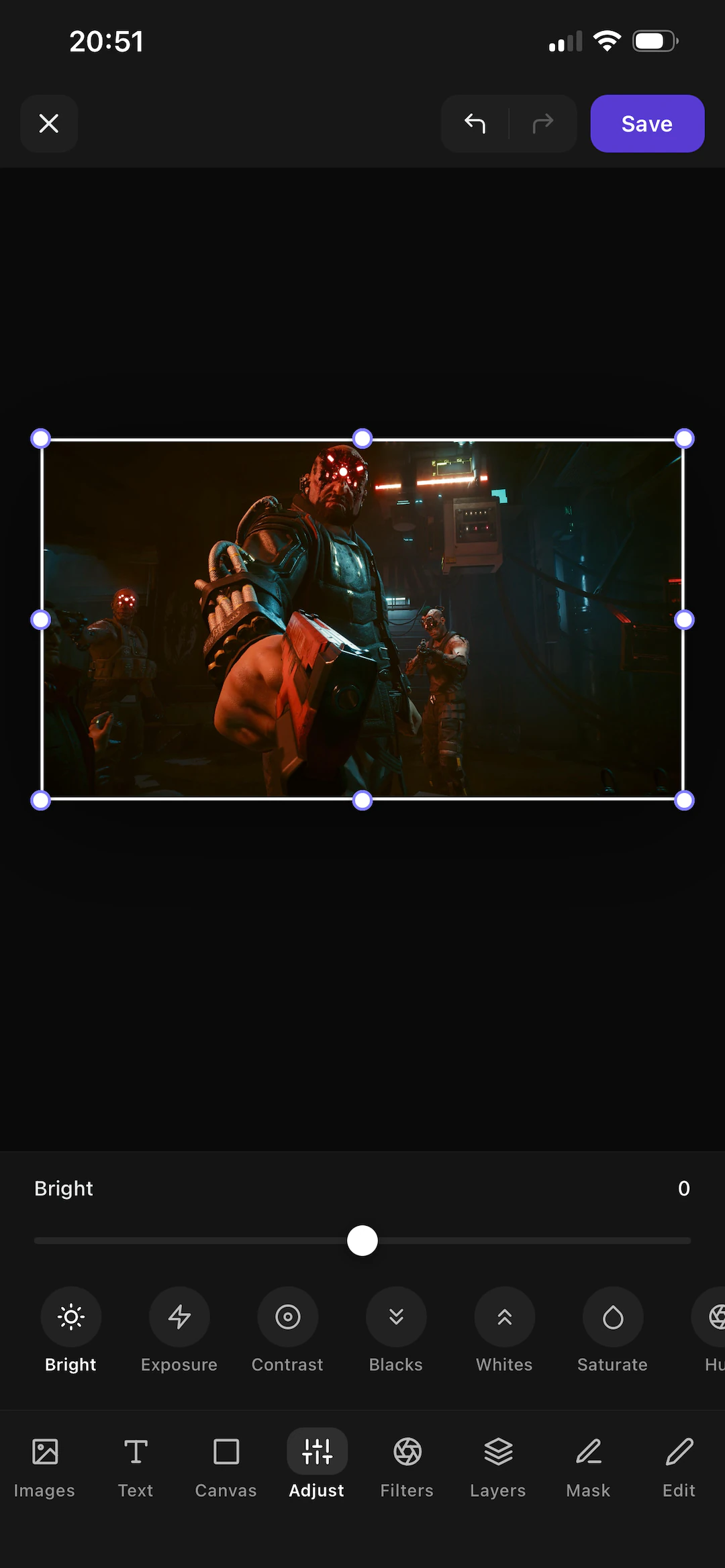 The in-app editor adjusting brightness on a Cyberpunk 2077 photo