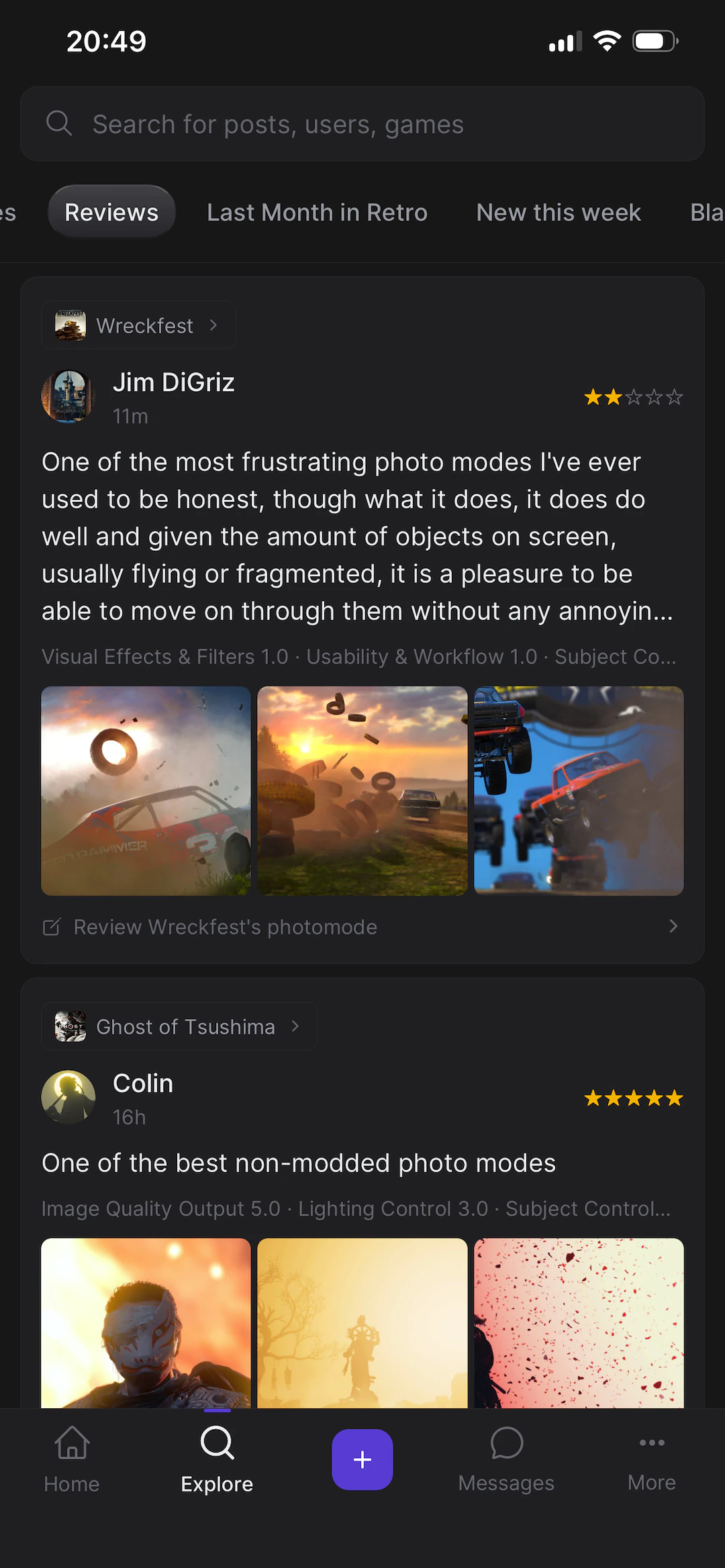 Photo mode reviews with star ratings and attached photos