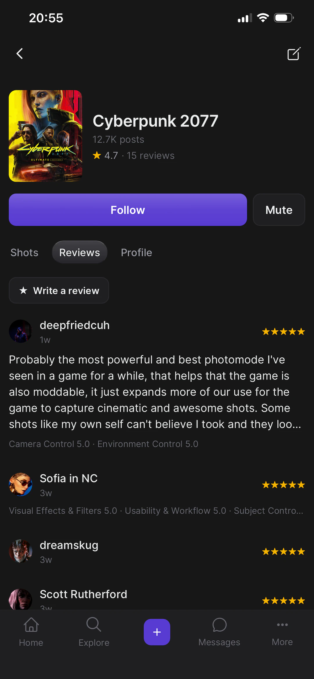 The Cyberpunk 2077 game page showing its photo mode rating and reviews