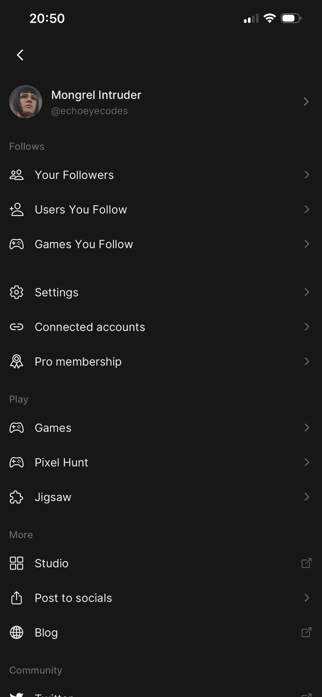 Picashot, the account screen