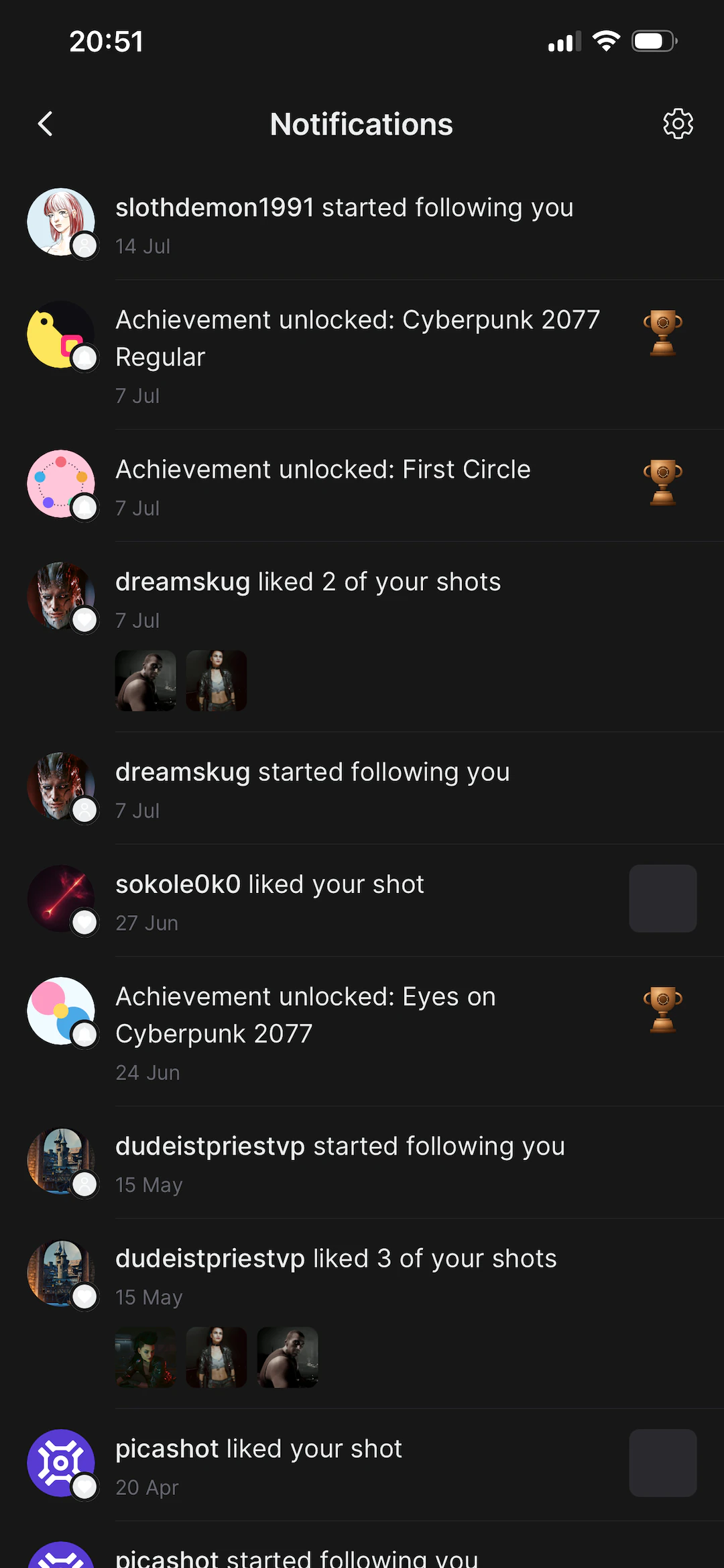 Notifications showing achievements alongside follows and likes
