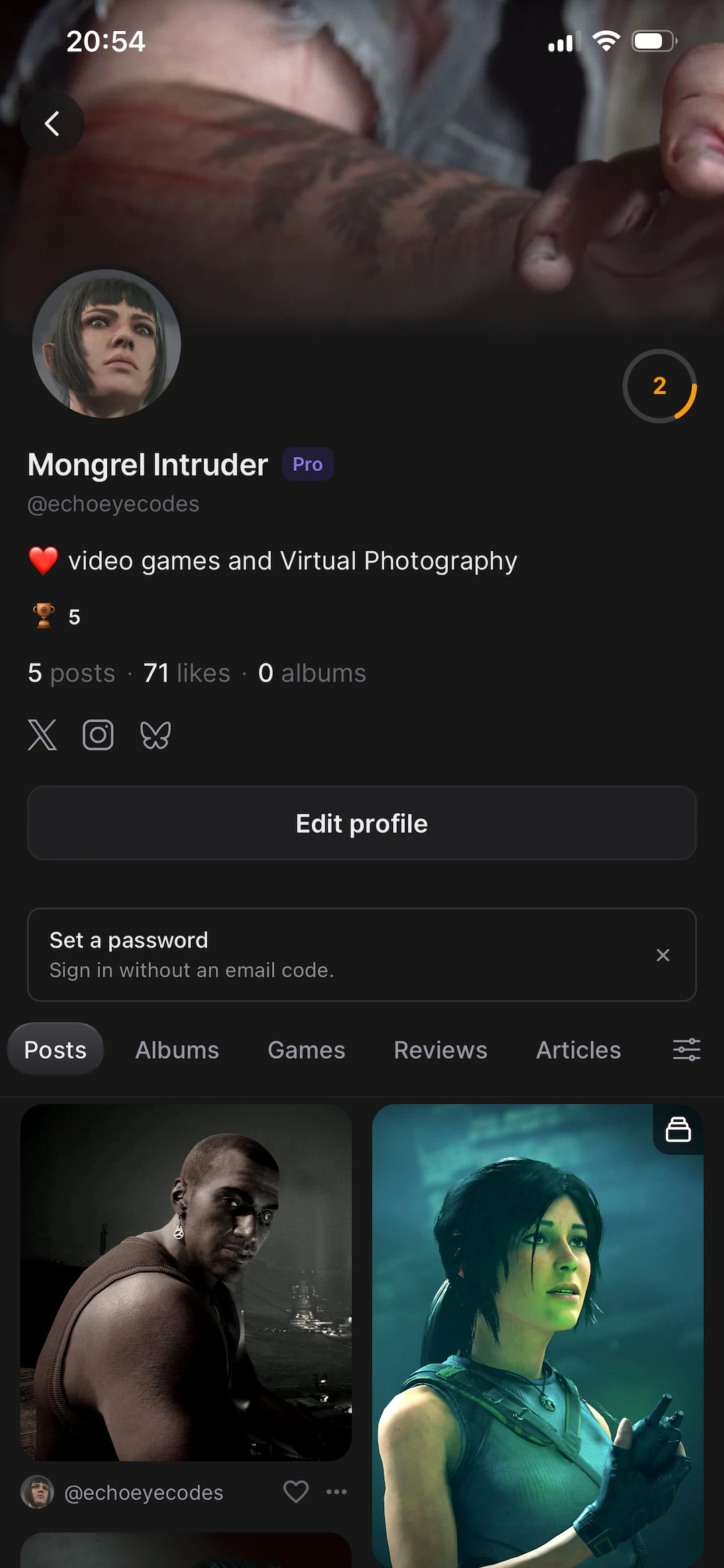 Picashot, the your profile screen