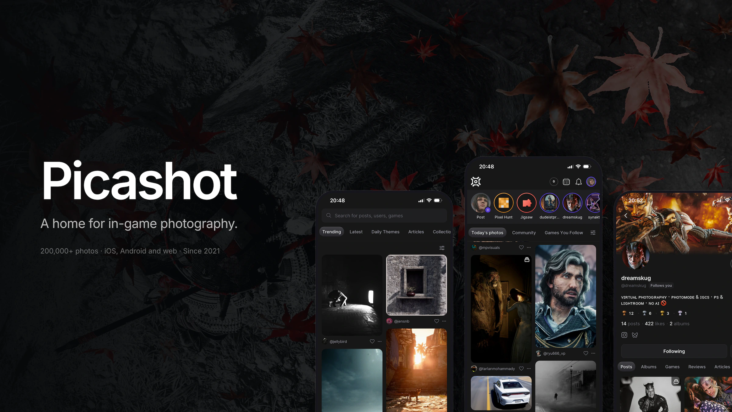Picashot running on three phones: the trending grid, the home feed, and a photographer's profile
