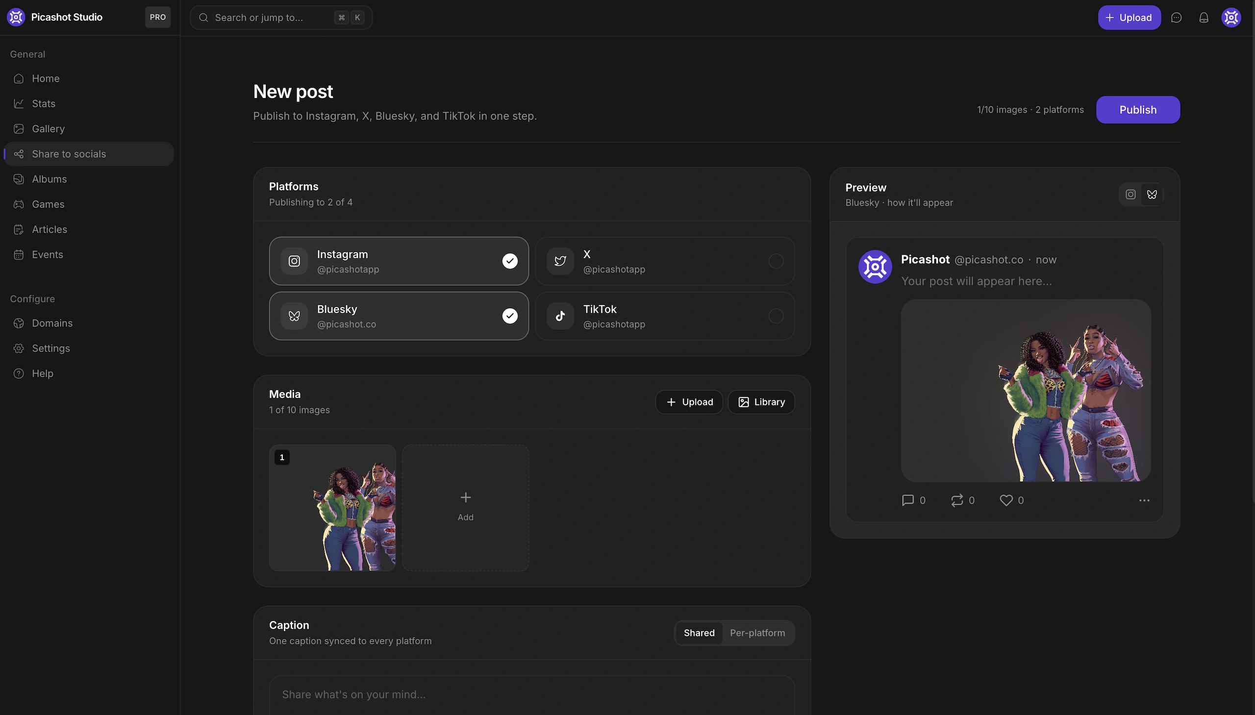 Studio's crossposting composer with Instagram, X, Bluesky and TikTok