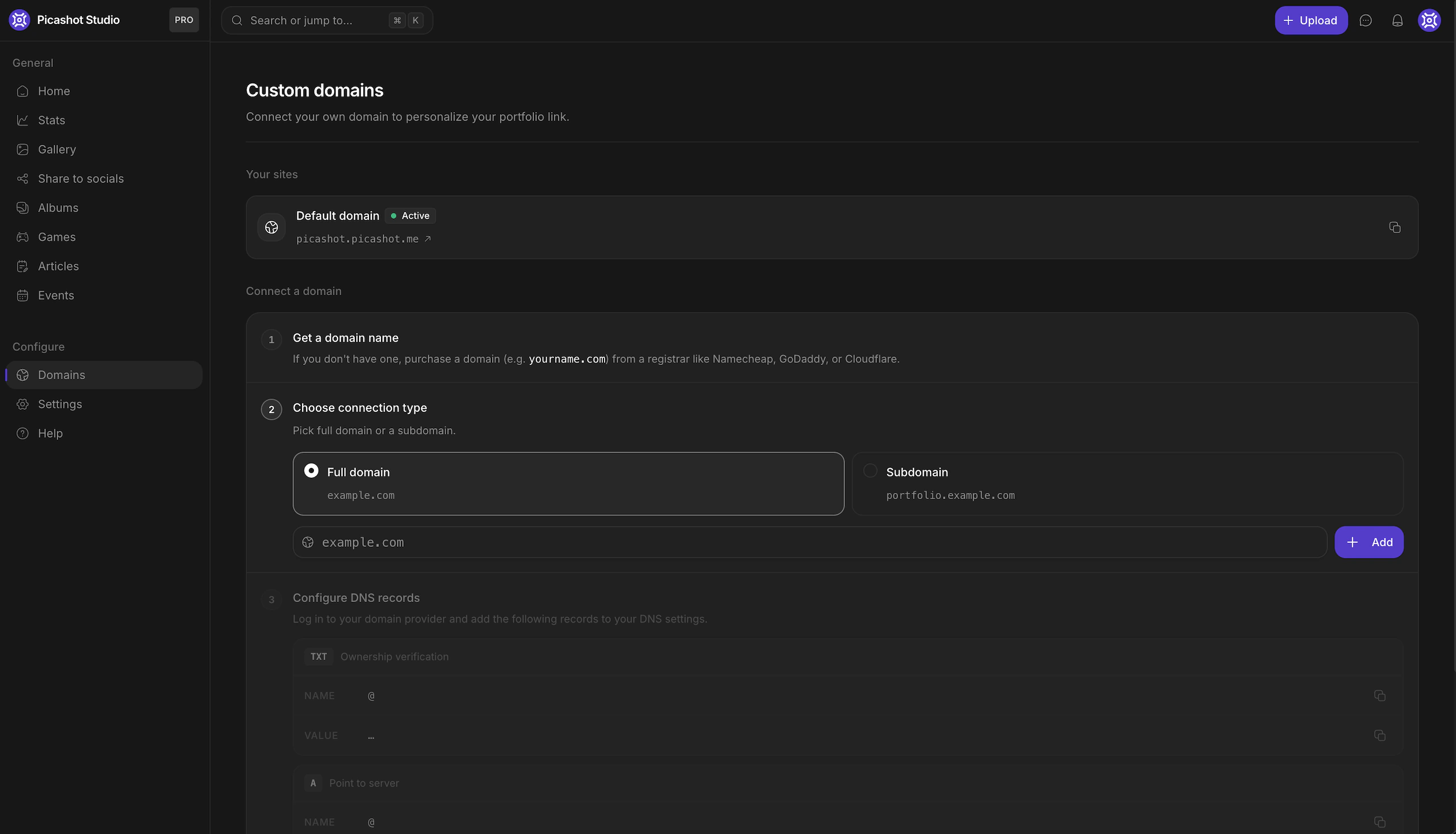 Studio's custom domain setup showing DNS records