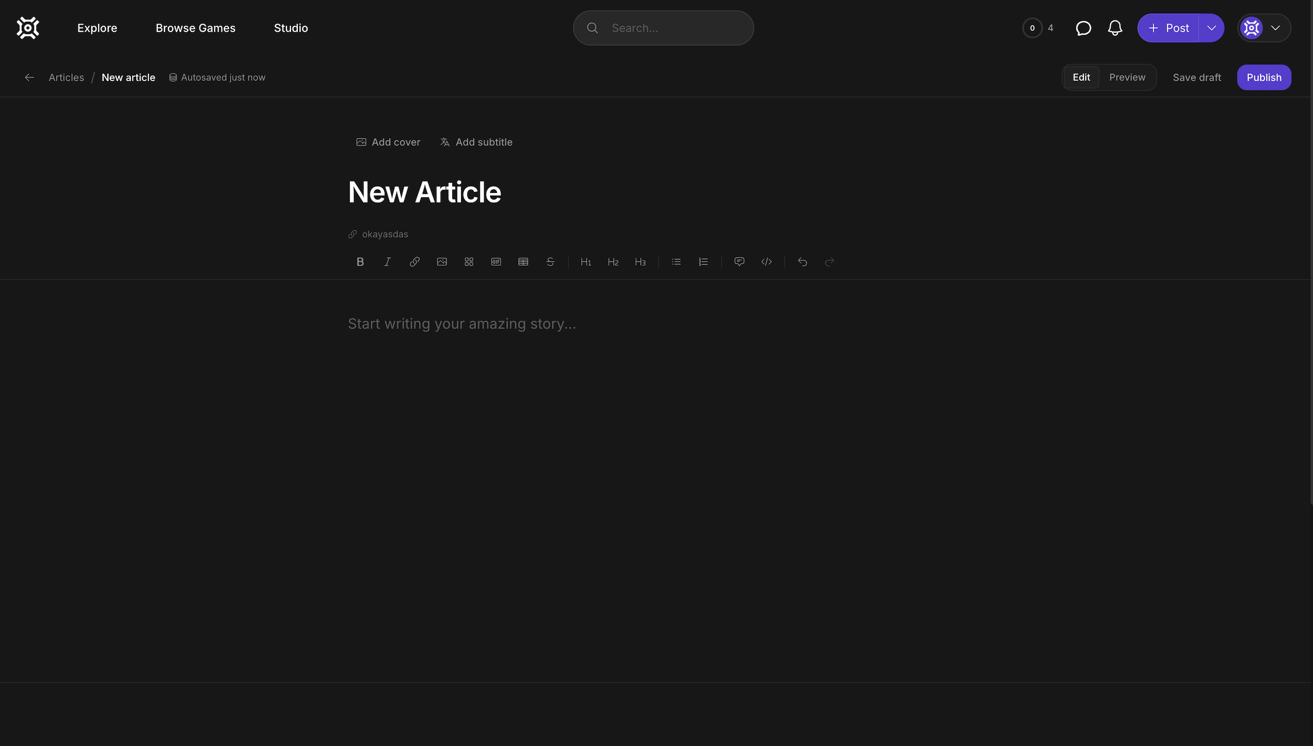 The article editor with a blank document and a formatting toolbar