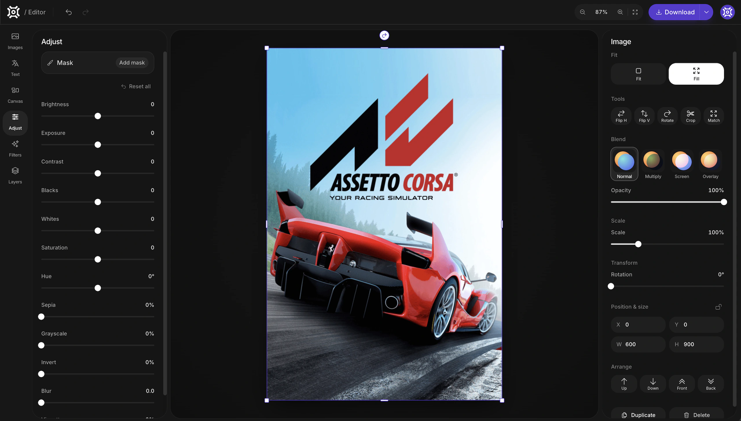Picashot's web editor with adjustment sliders, masks, layers and blend modes