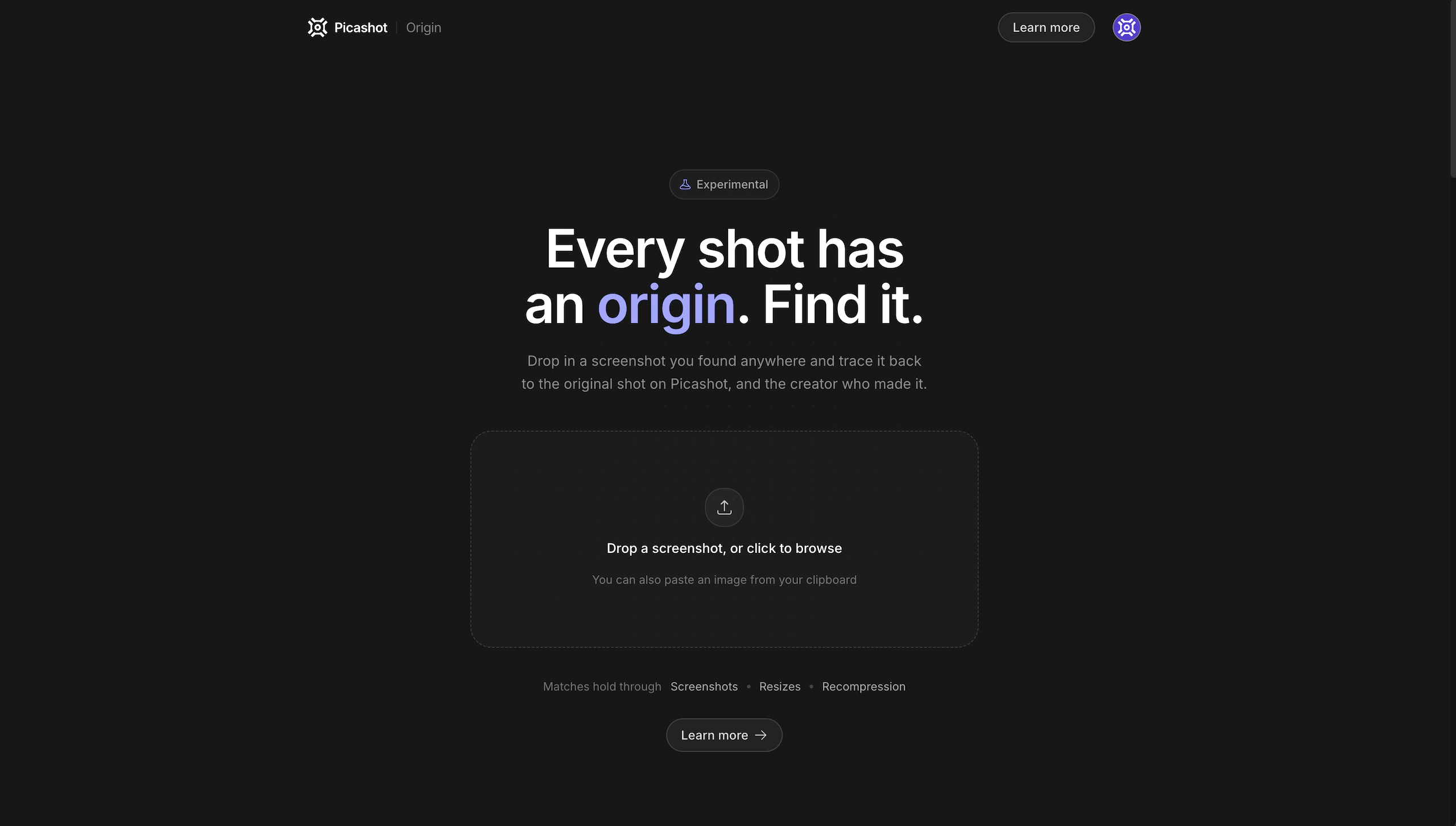 Picashot's Origin page with a drop zone for an image