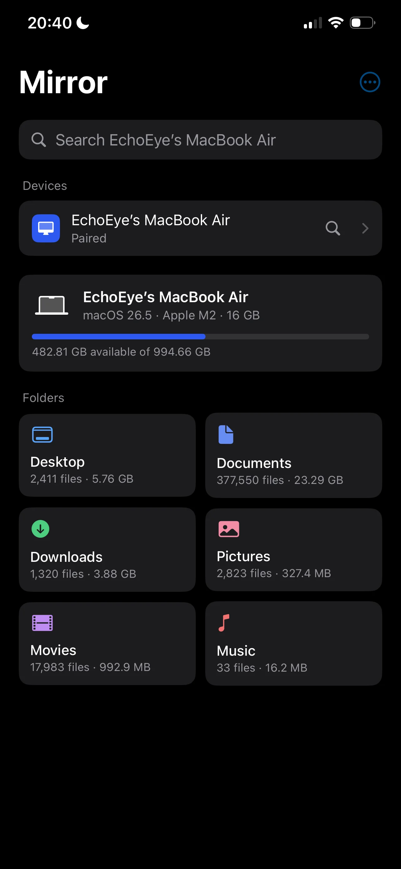 The home screen: a paired MacBook Air, its free space, and folder sizes for Desktop, Documents, Downloads, Pictures, Movies and Music