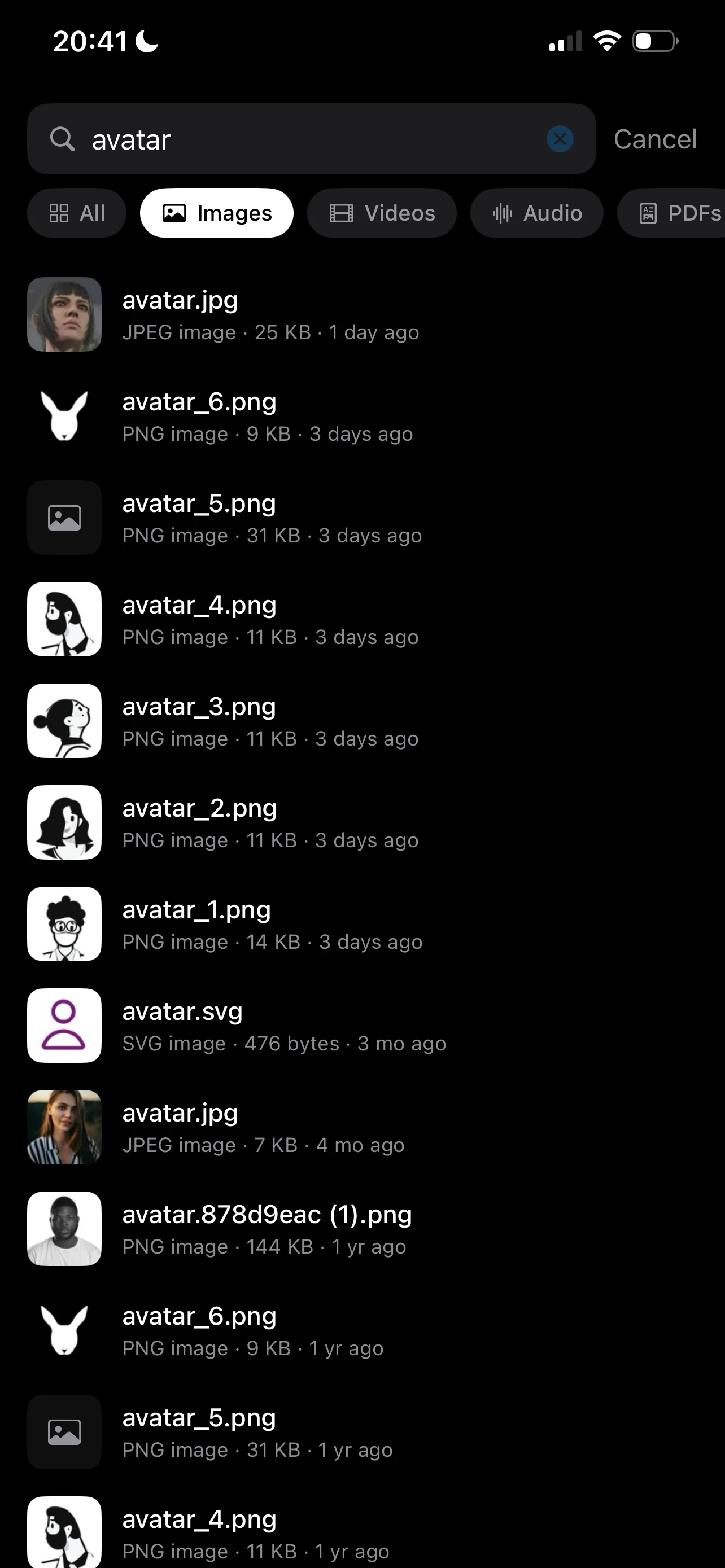 A search for avatar, filtered to images, listing files with thumbnails, sizes and dates