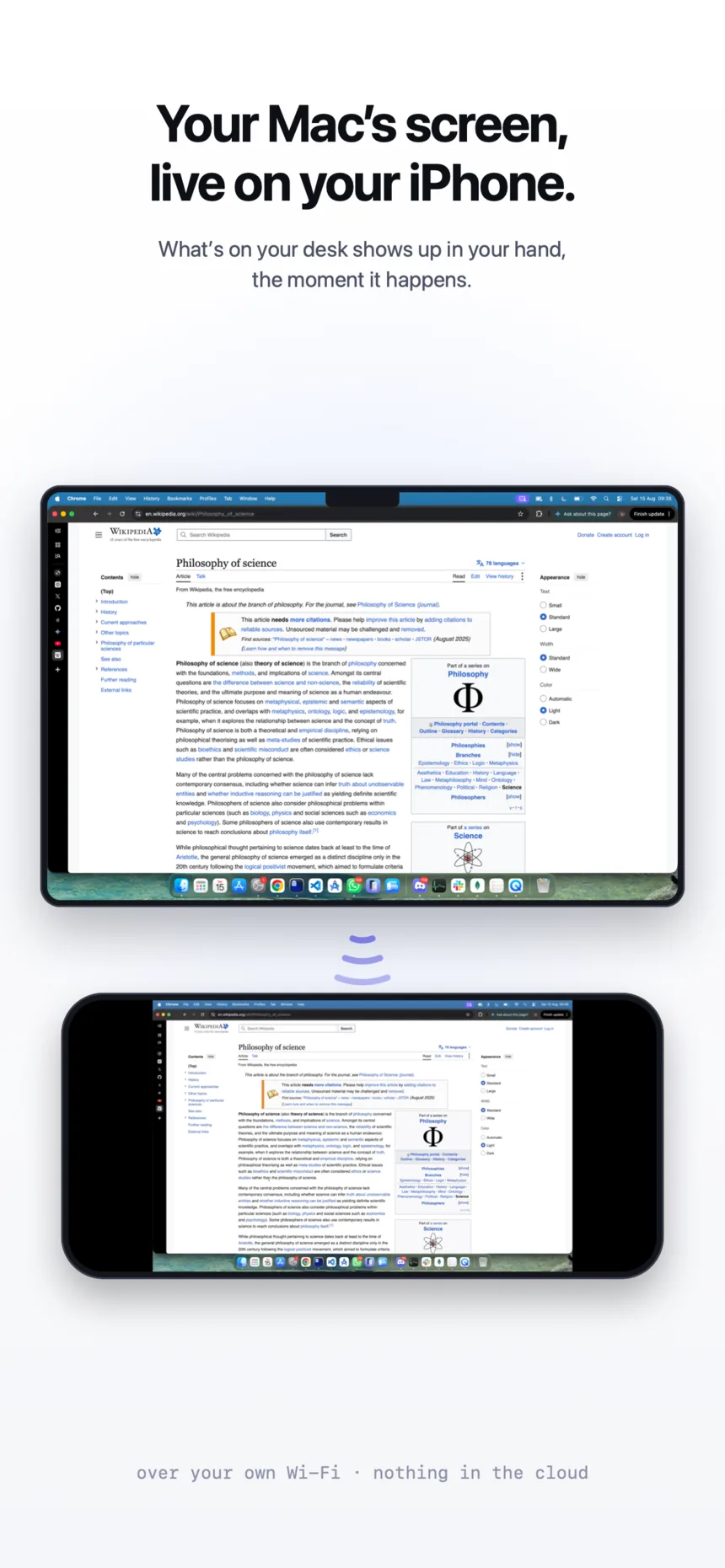 A MacBook and an iPhone below it showing the same Wikipedia article at the same moment, under the line: your Mac's screen, live on your iPhone