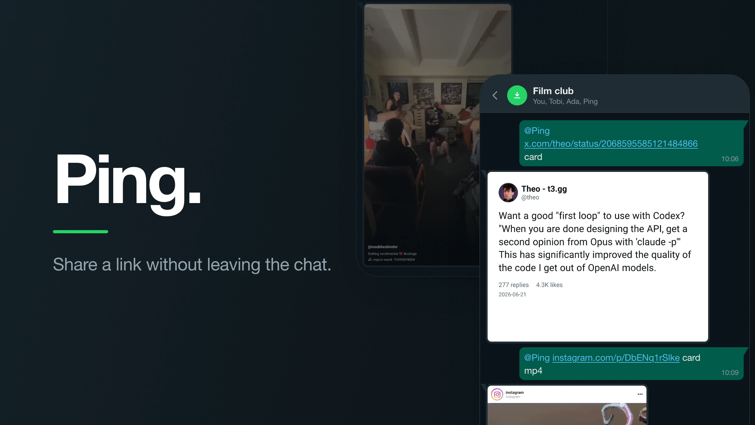 Ping: a WhatsApp thread where a tweet link is answered with a rendered card of the tweet