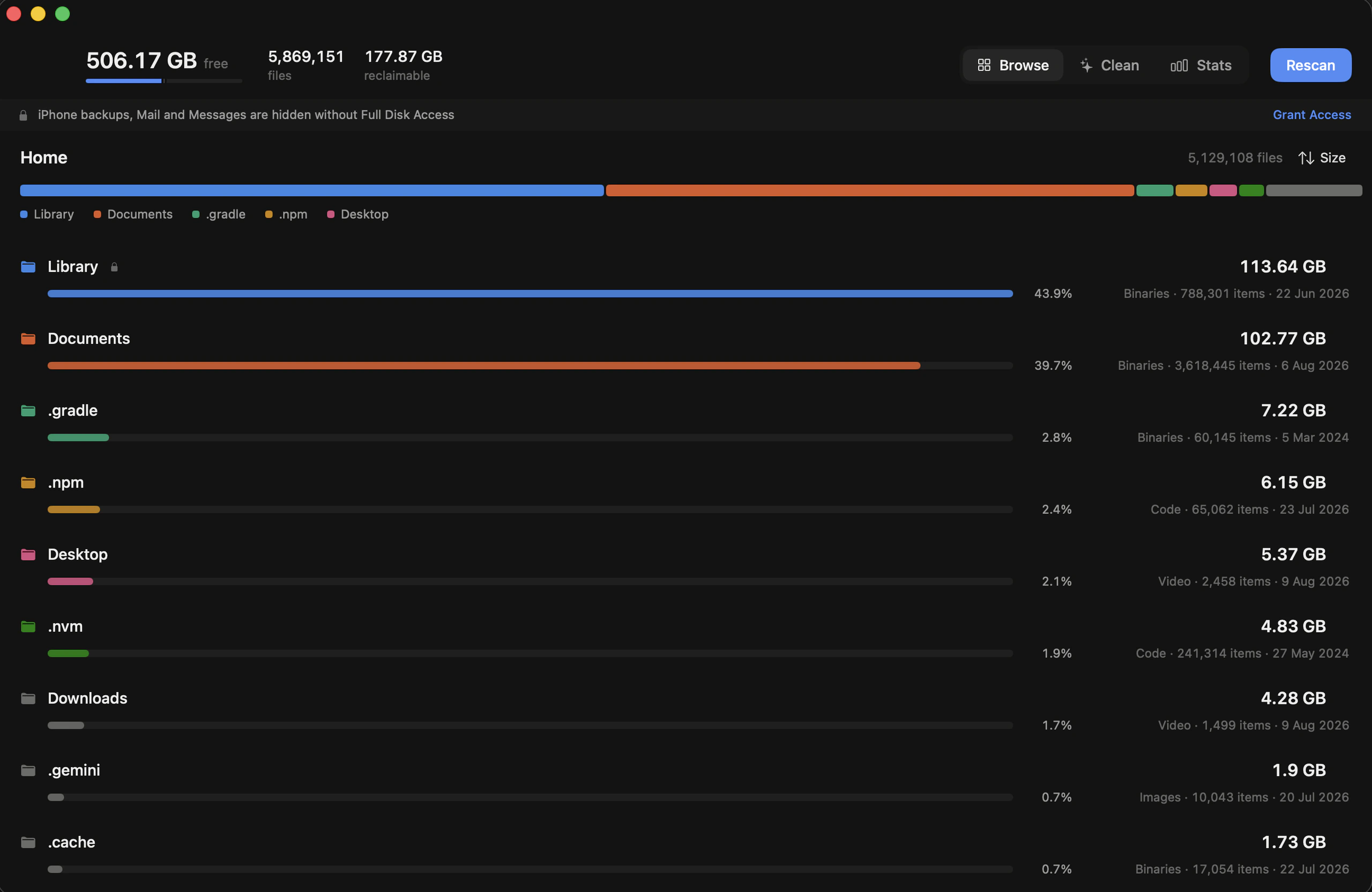 Reclaim's Browse view: the home folder split into Library, Documents, .gradle, .npm and Desktop with sizes and percentages