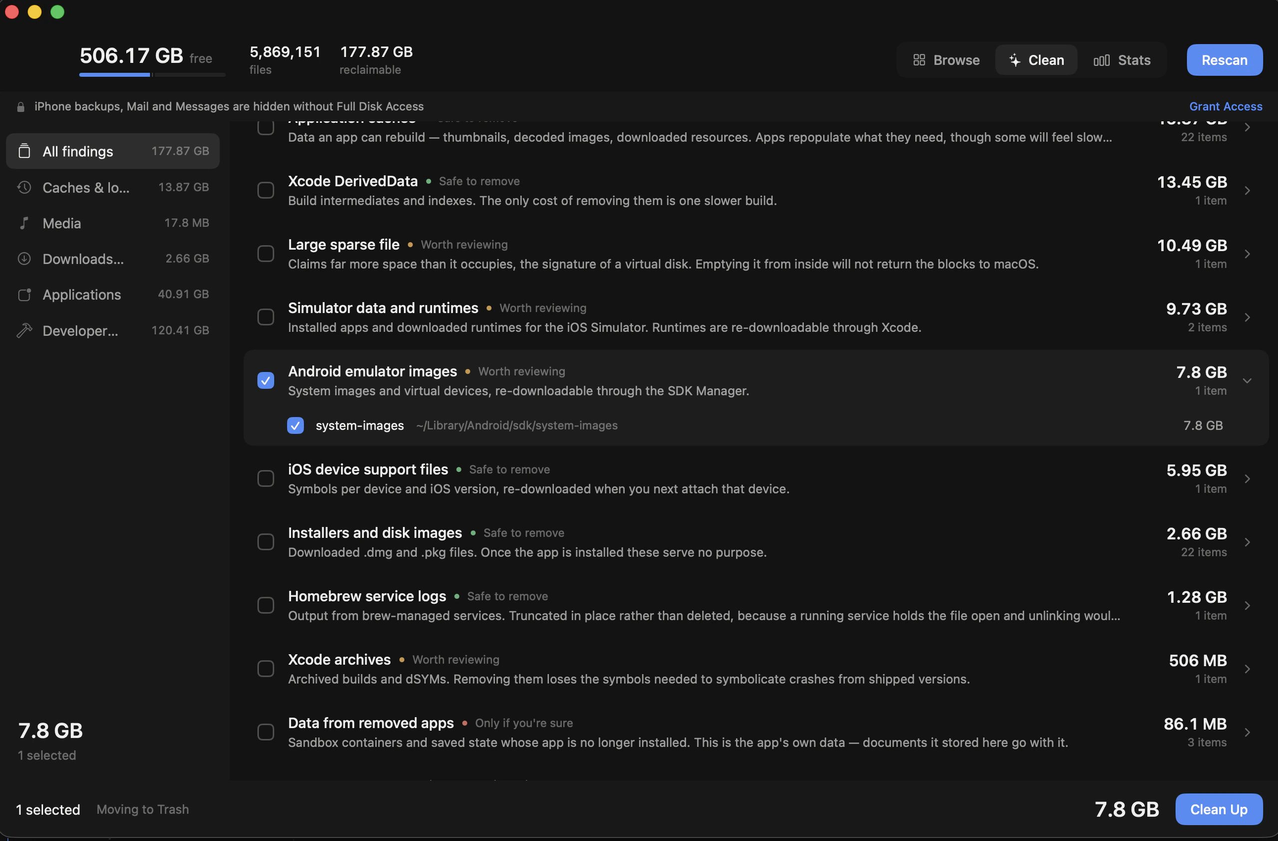 A finding expanded to show the exact path it will remove, with 7.8 GB selected