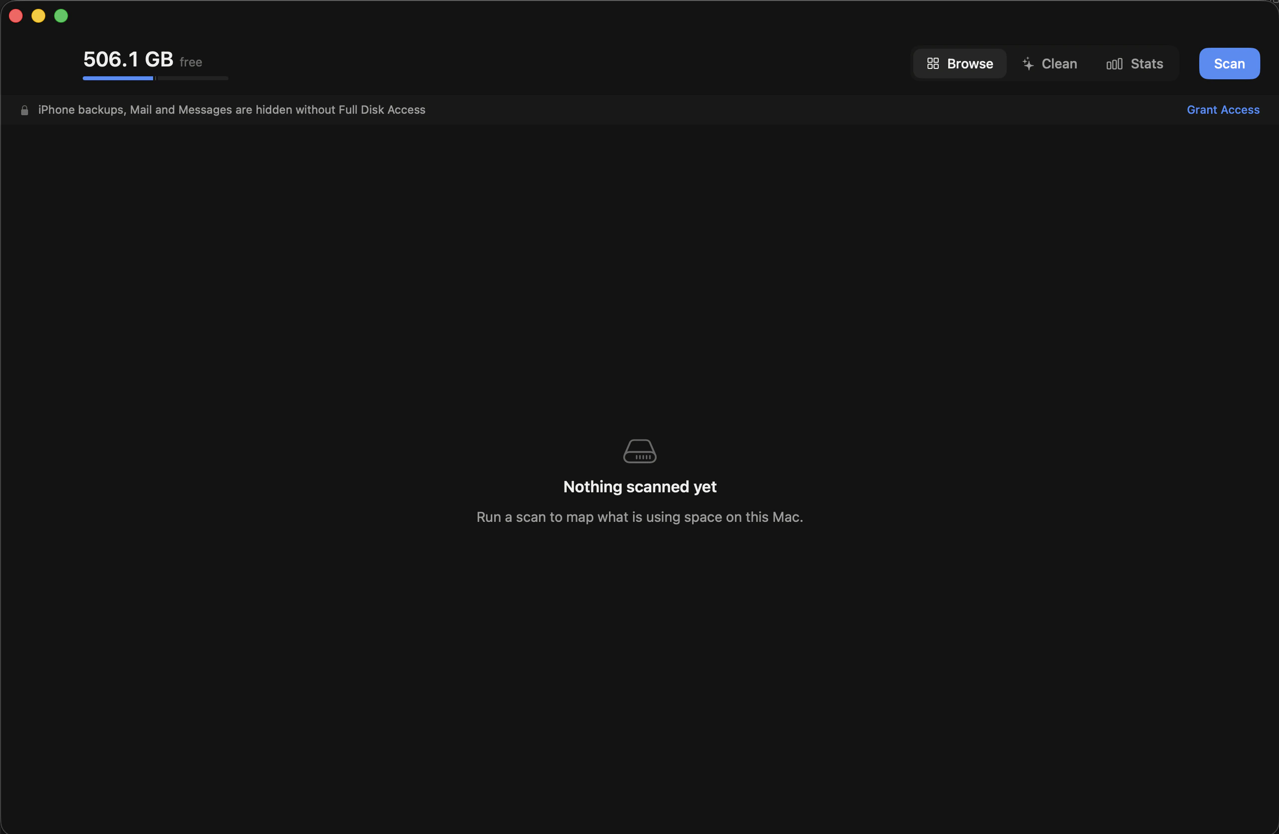 Reclaim before a scan, showing 506.1 GB free and a prompt to run a scan