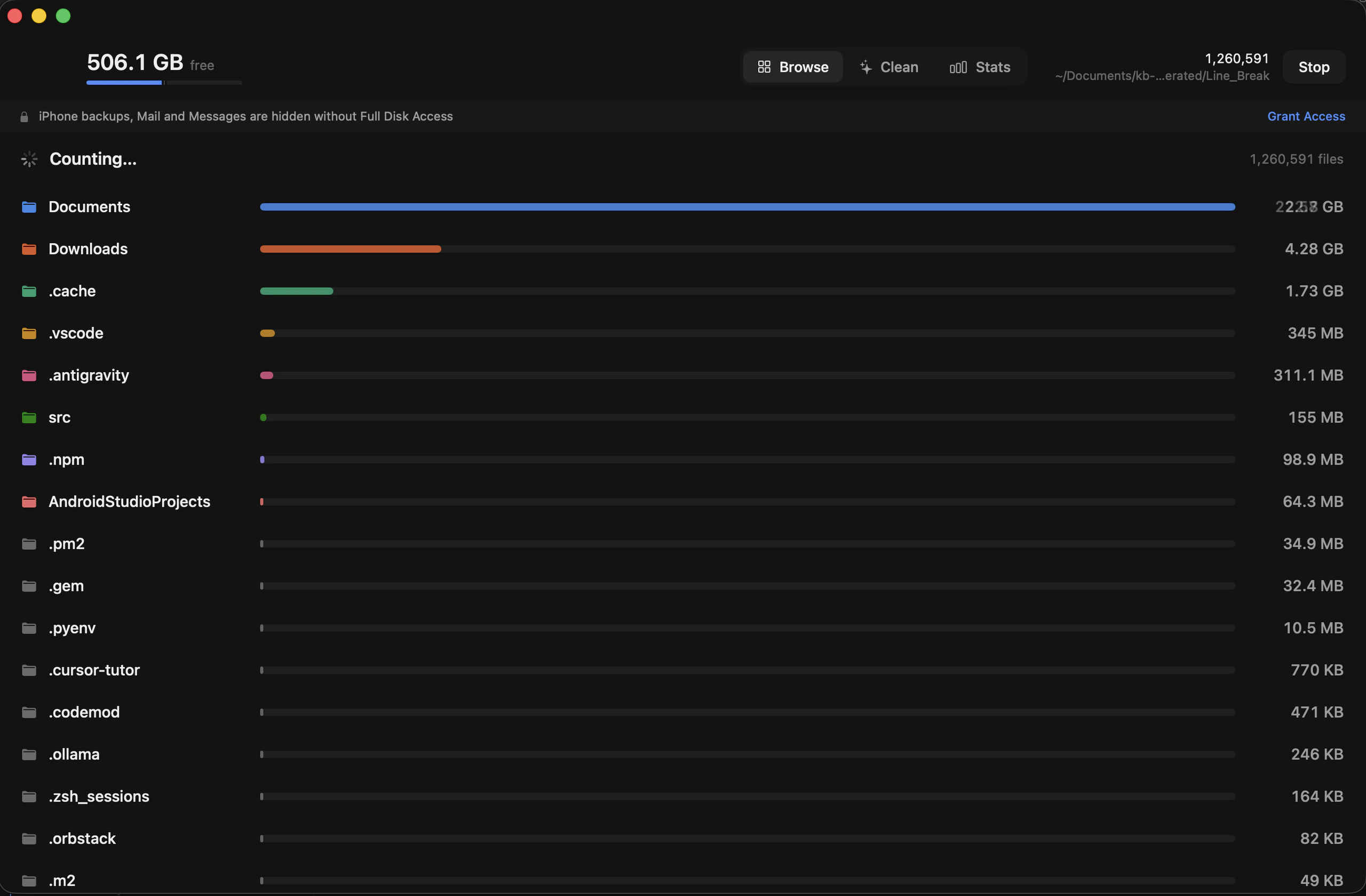 A scan in progress, counting 1,260,591 files with running totals per folder