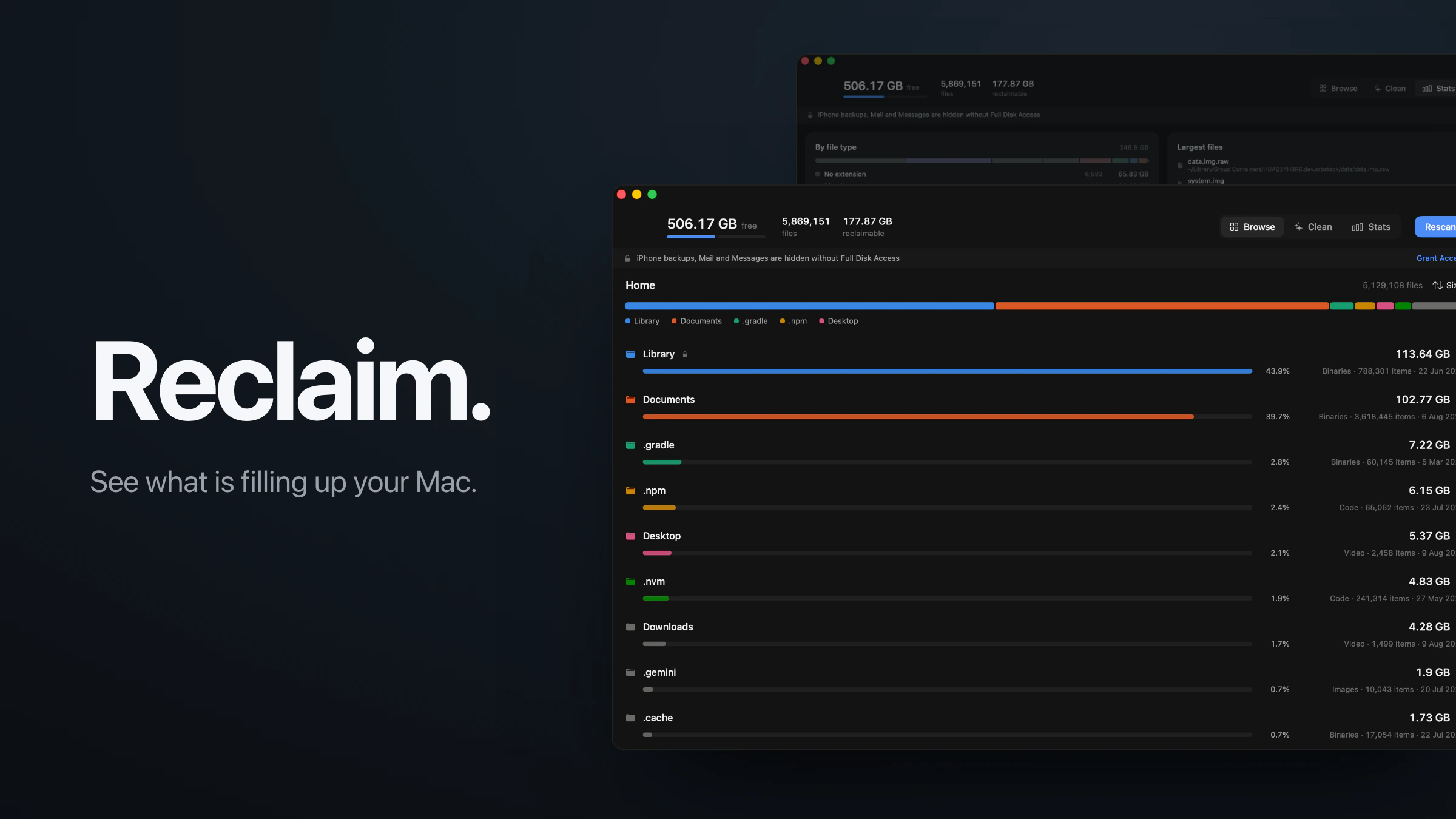 Reclaim on macOS: the home folder broken down by size, with a stats window behind it