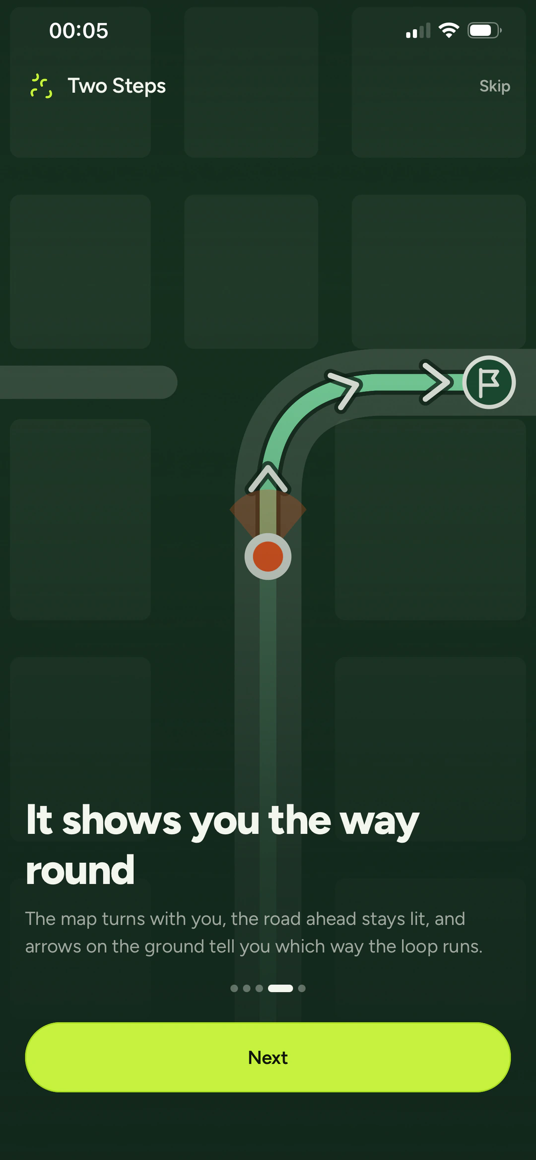An onboarding screen explaining that the map turns with you and arrows show which way the loop runs