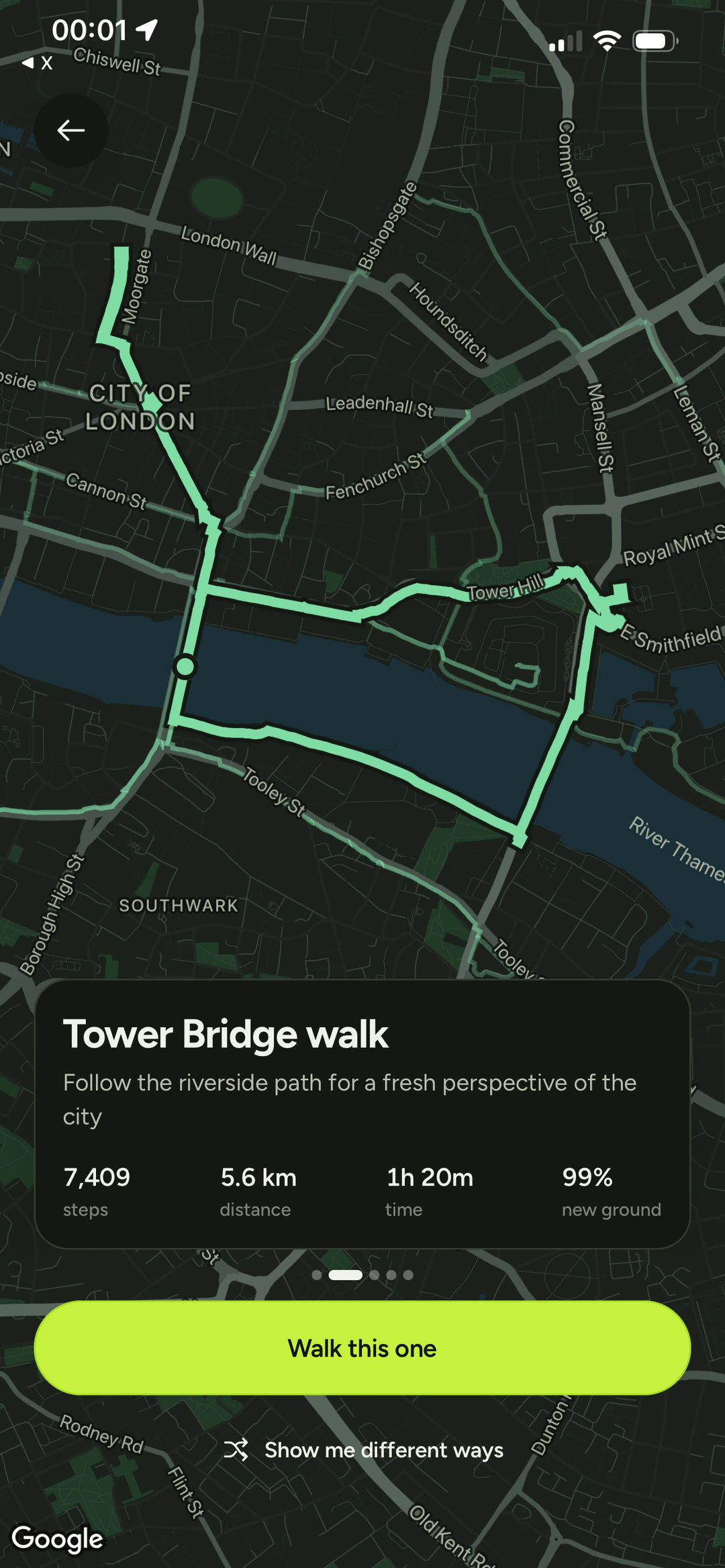 A suggested loop called Tower Bridge walk: 7,409 steps, 5.6 km, 1h 20m, 99% new ground