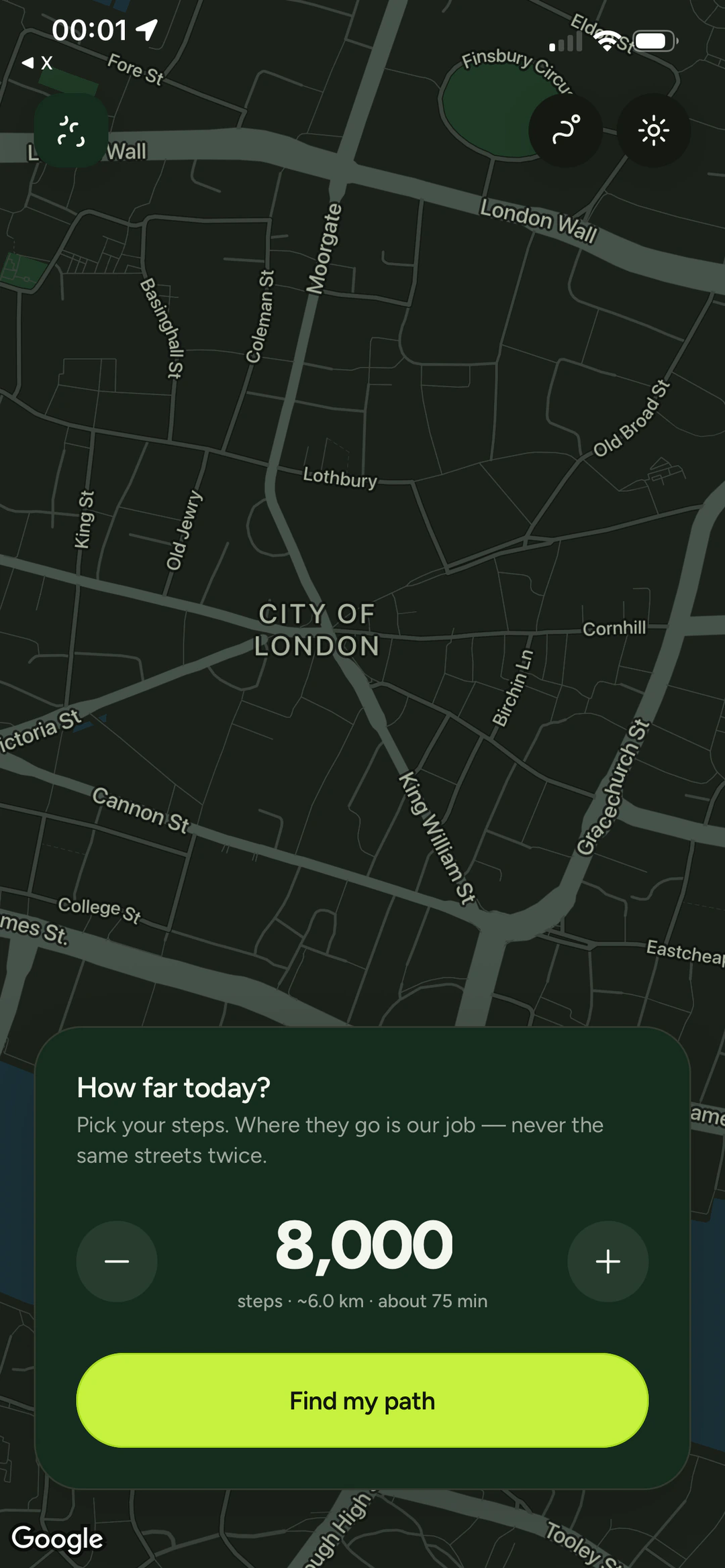 Setting a goal of 8,000 steps, shown as about 6 km and about 75 minutes