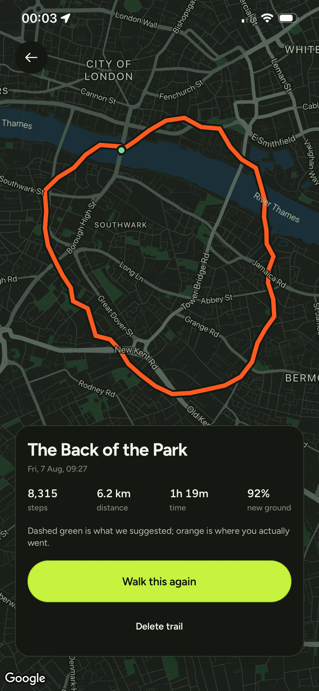 A saved walk called The Back of the Park: 8,315 steps, 6.2 km, 1h 19m, 92% new ground