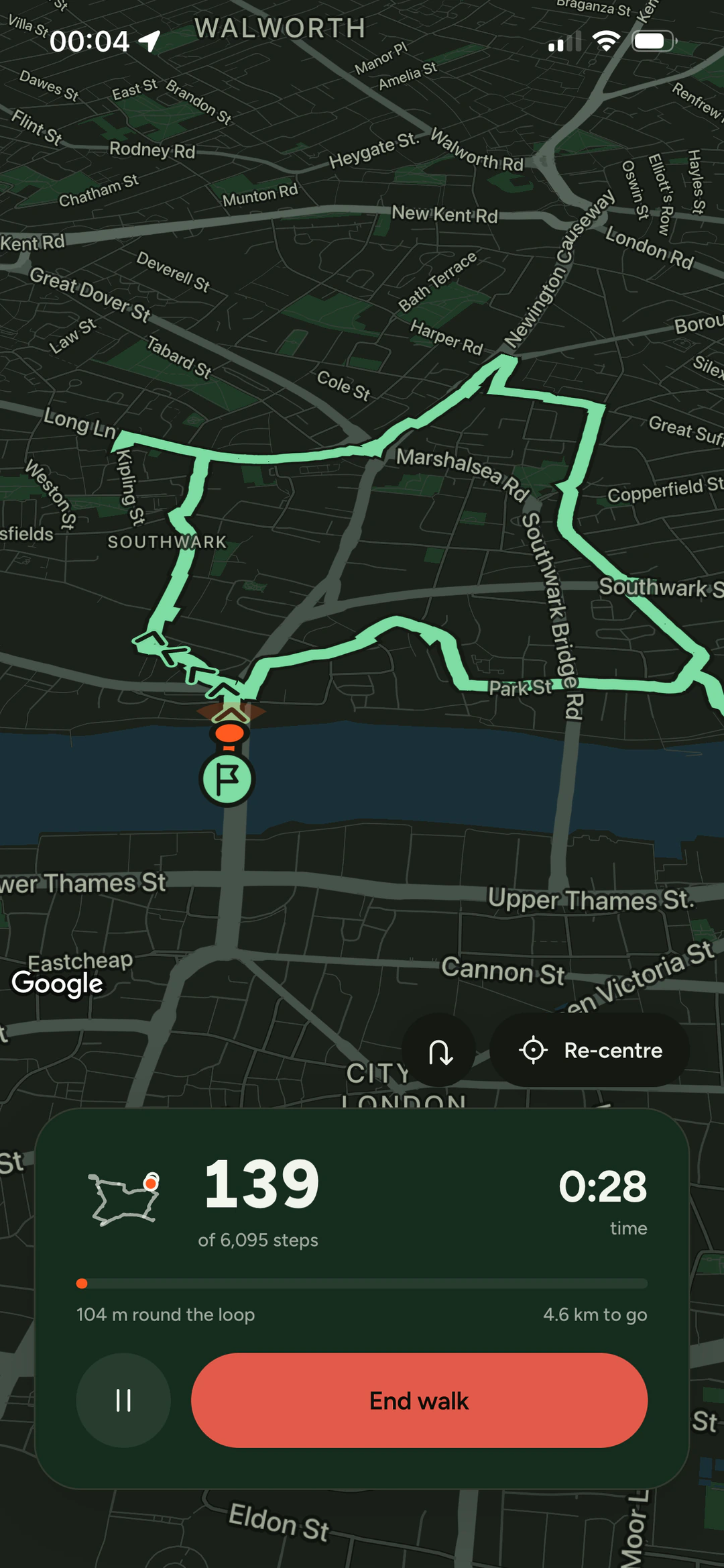 A walk in progress: 139 of 6,095 steps, 104 m round the loop, 4.6 km to go