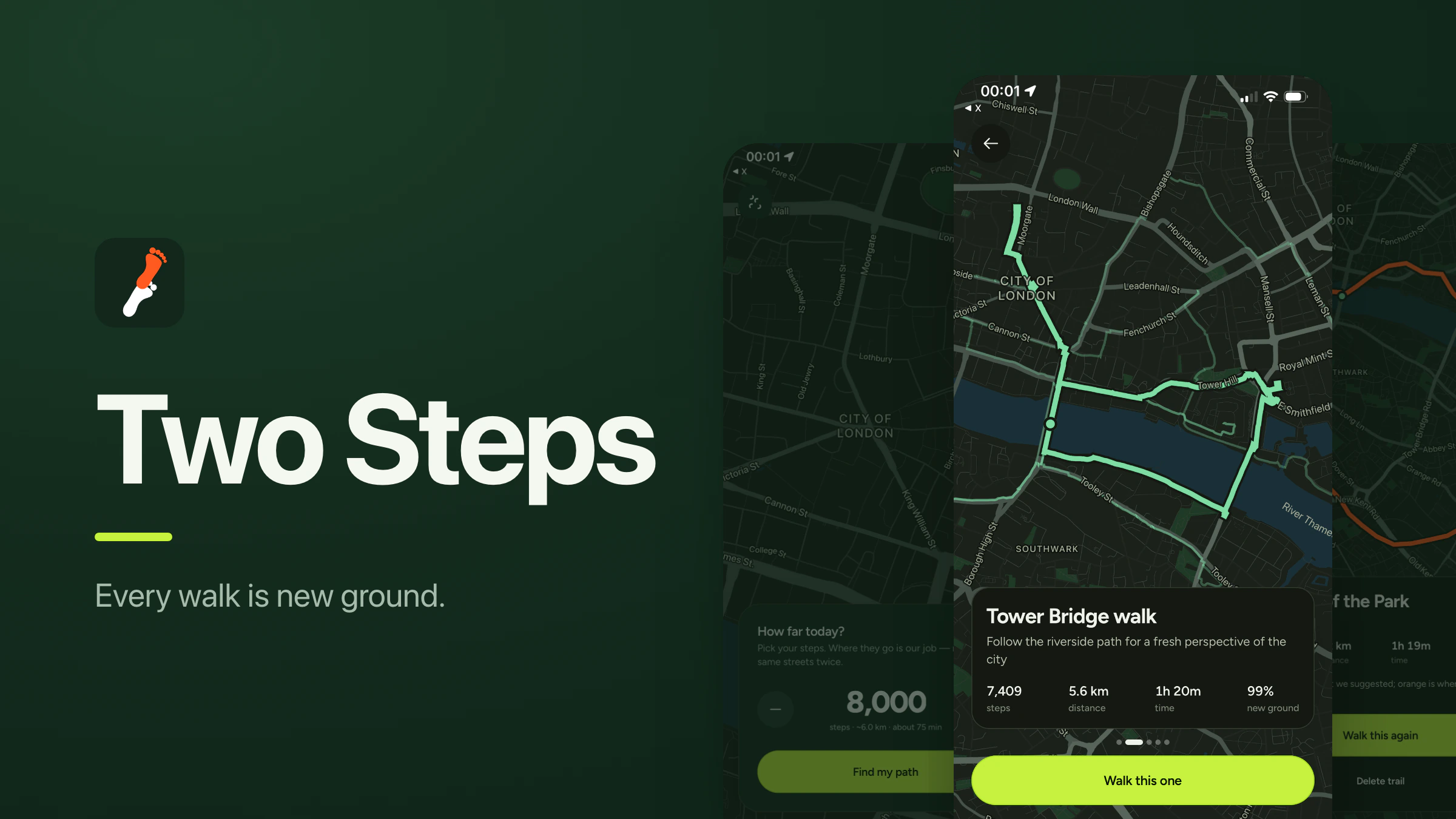 Two Steps on three phones: setting a step goal, a suggested loop, and a finished walk