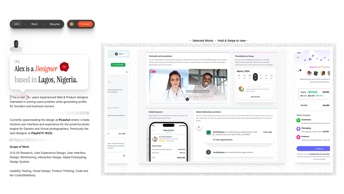 Alex Ogunyemi's Portfolio, a personal site for a product designer