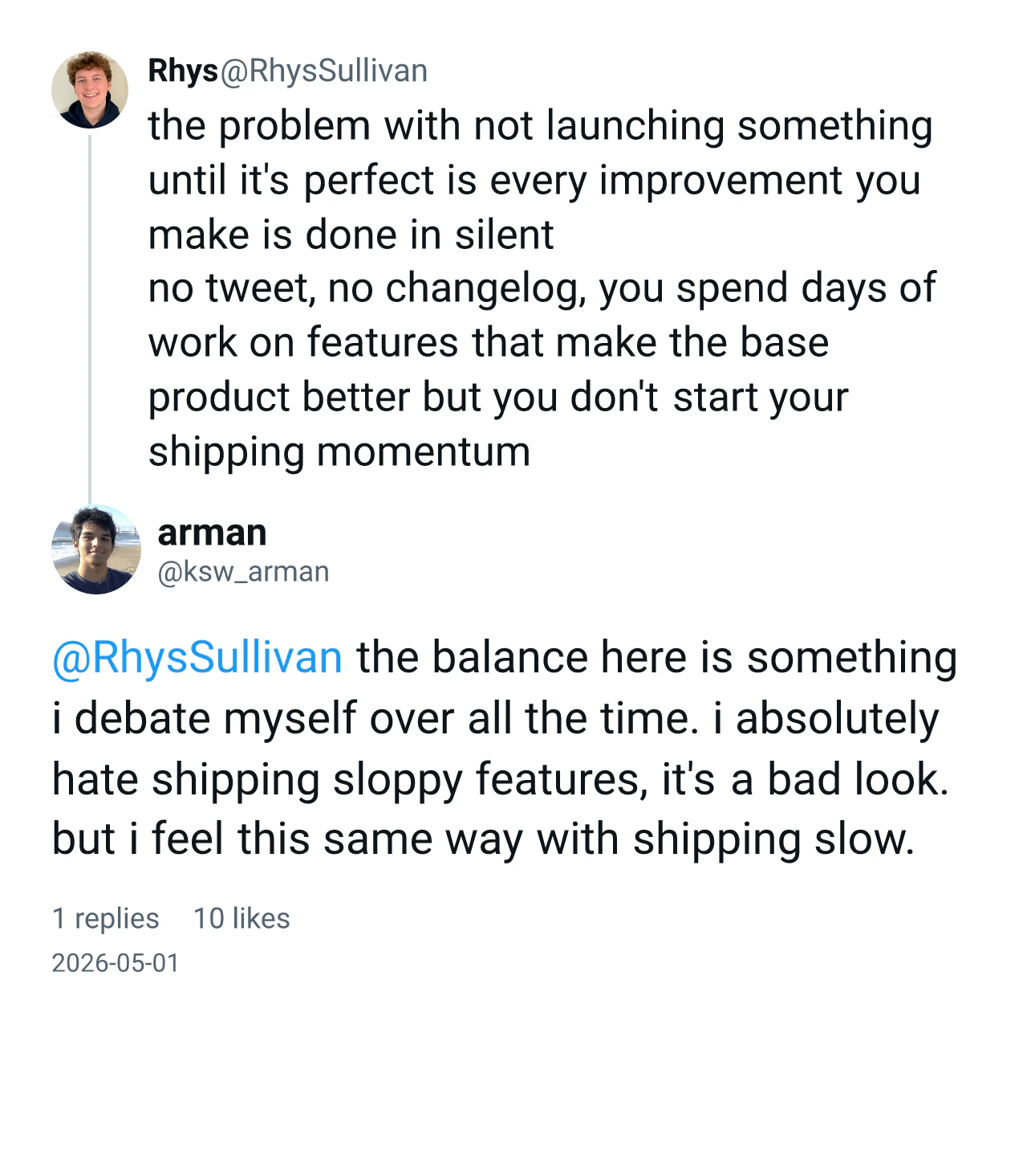 A reply rendered with the tweet it answers drawn above it and a thread line joining the two