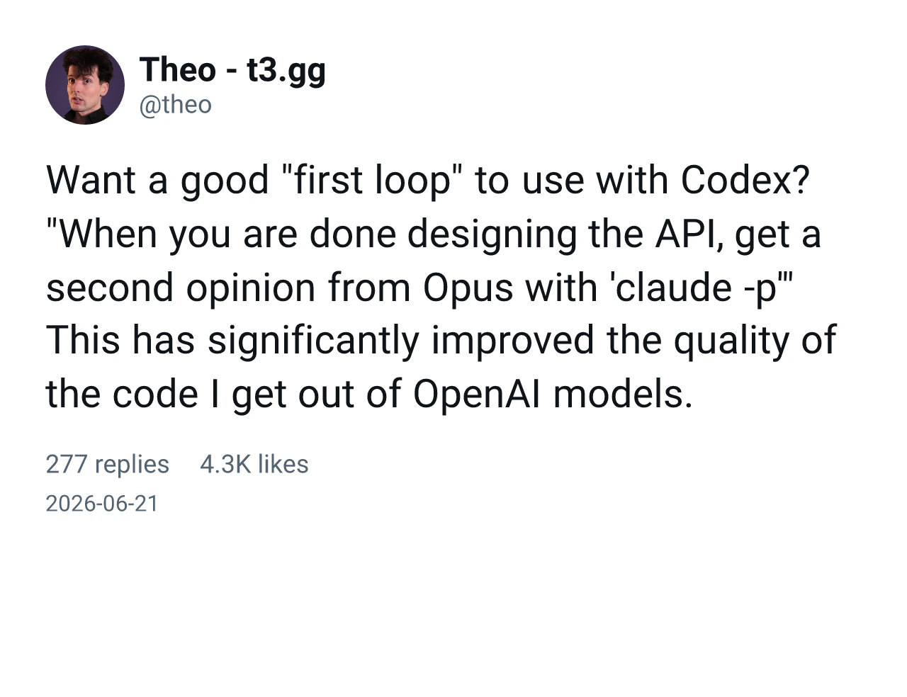 A tweet by Theo rendered as a card: avatar, name, handle, full text, replies, likes and date
